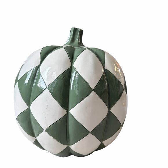 Unbranded Other - Green & White Checkered Pumpkin 10in Ceramic Chic Fall Home Decor New